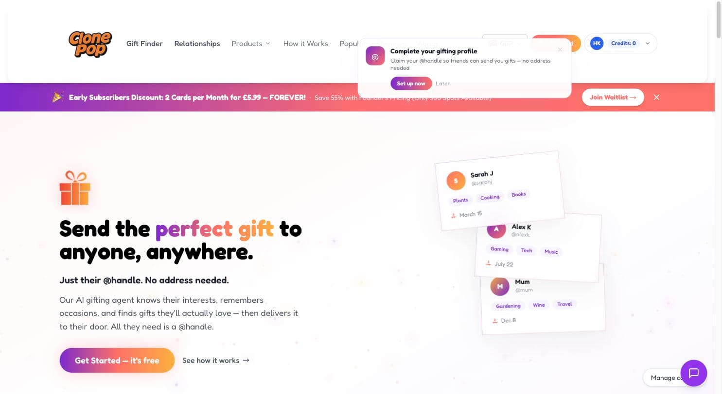 ClonePop storefront: send a gift by handle